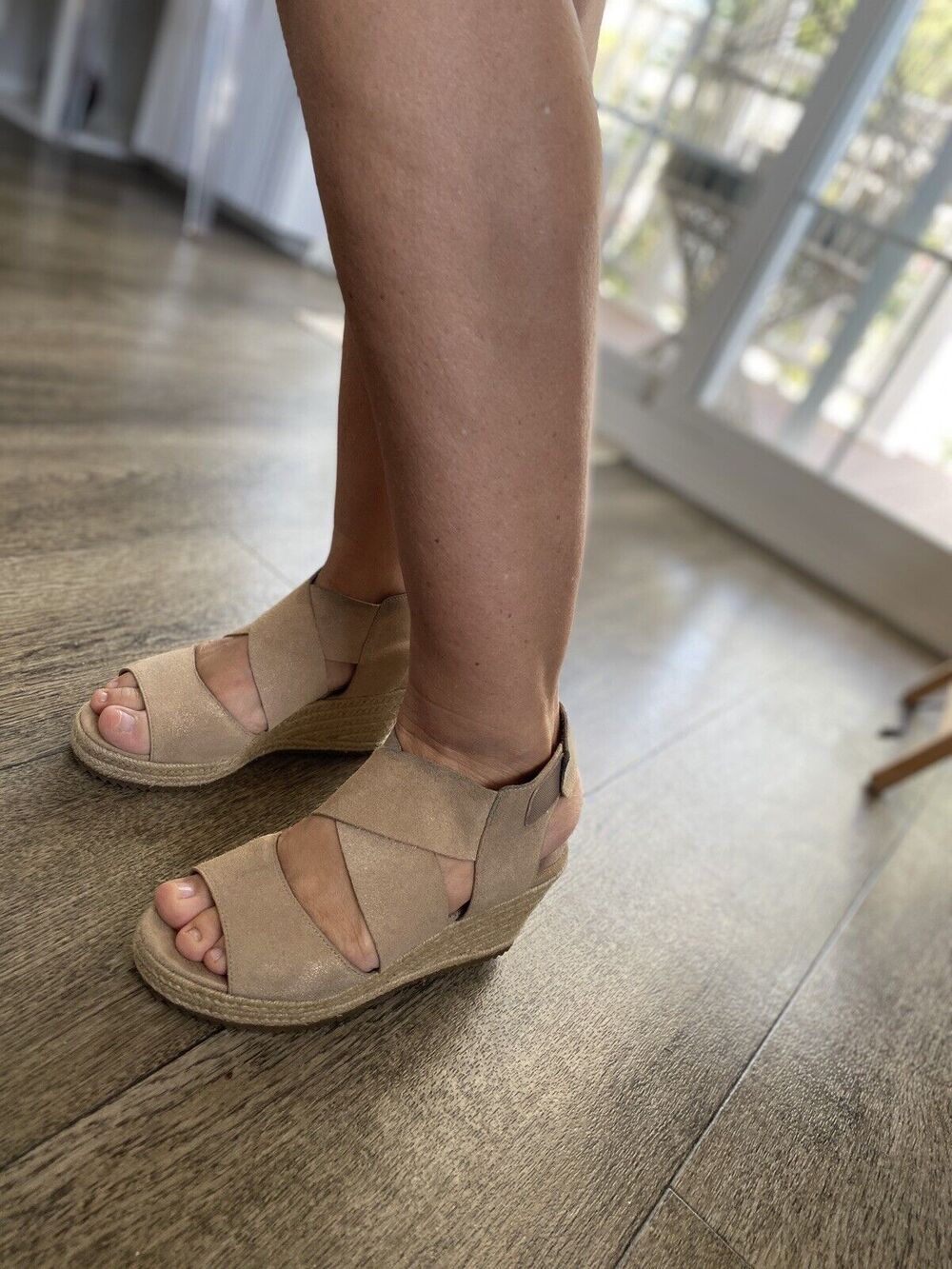 Eileen Fisher Perforated Nubuck Platform Wedge Espadrille Tan Open Toe 6.5